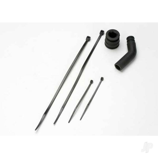 Traxxas Pipe coupler, moulded (black) / exhaust deflecter (rubber, black) / cable ties, Long (2 pcs) / cable ties, Short (2 pcs) 5245X