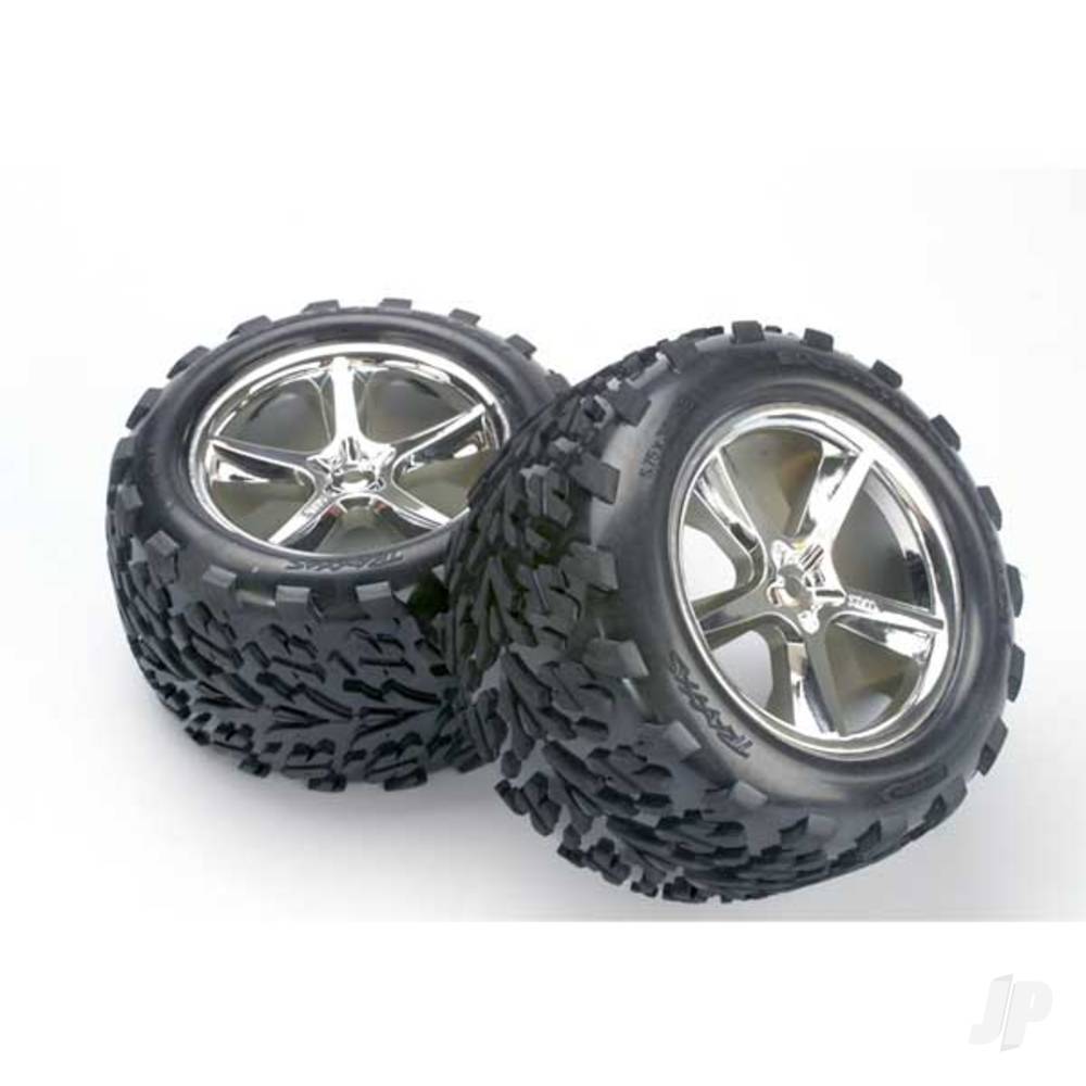 Traxxas Tyres & wheels, assembled, glued (Gemini chrome wheels, Talon Tyres, foam inserts) (2) (fits Revo / T-Maxx / E-Maxx with 6mm axle and 14mm hex) 5374