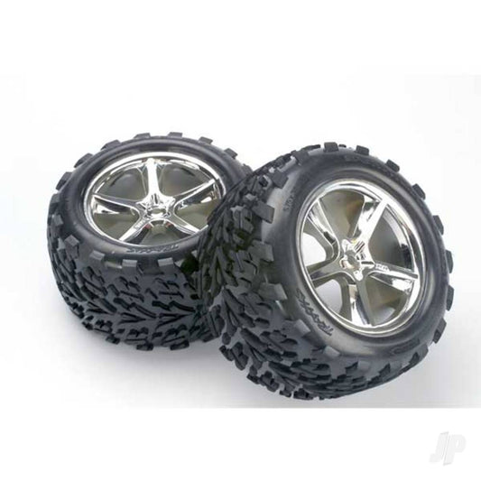 Traxxas Tyres & wheels, assembled, glued (Gemini chrome wheels, Talon Tyres, foam inserts) (2) (fits Revo / T-Maxx / E-Maxx with 6mm axle and 14mm hex) 5374