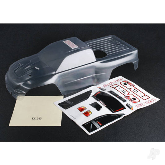 Traxxas Body, Revo 3.3 (clear, requires painting) / window, lights, grille decal sheet 5387