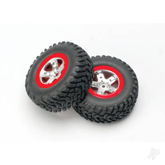 Traxxas Tyres & wheels, assembled, glued (SCT satin chrome, red-beadlock style wheels, SCT off-road Tyres, foam inserts) (2) (4WD front / rear, 2WD rear only) 5873A
