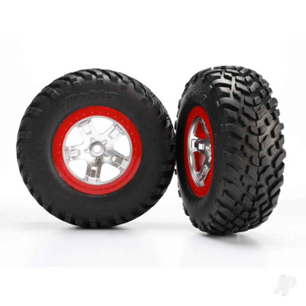 Traxxas Tyres & wheels, assembled, glued (SCT satin chrome red beadlock wheels, ultra-soft S1 compound off-road racing Tyres, inserts) (2) (2WD rear, 4WD f / r) 5873R