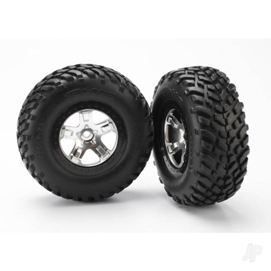 Traxxas Tyres & wheels, assembled, glued (SCT satin chrome, black beadlock style wheels, SCT off-road racing Tyres, foam inserts) (2) (4WD front / rear, 2WD rear only) 5873X