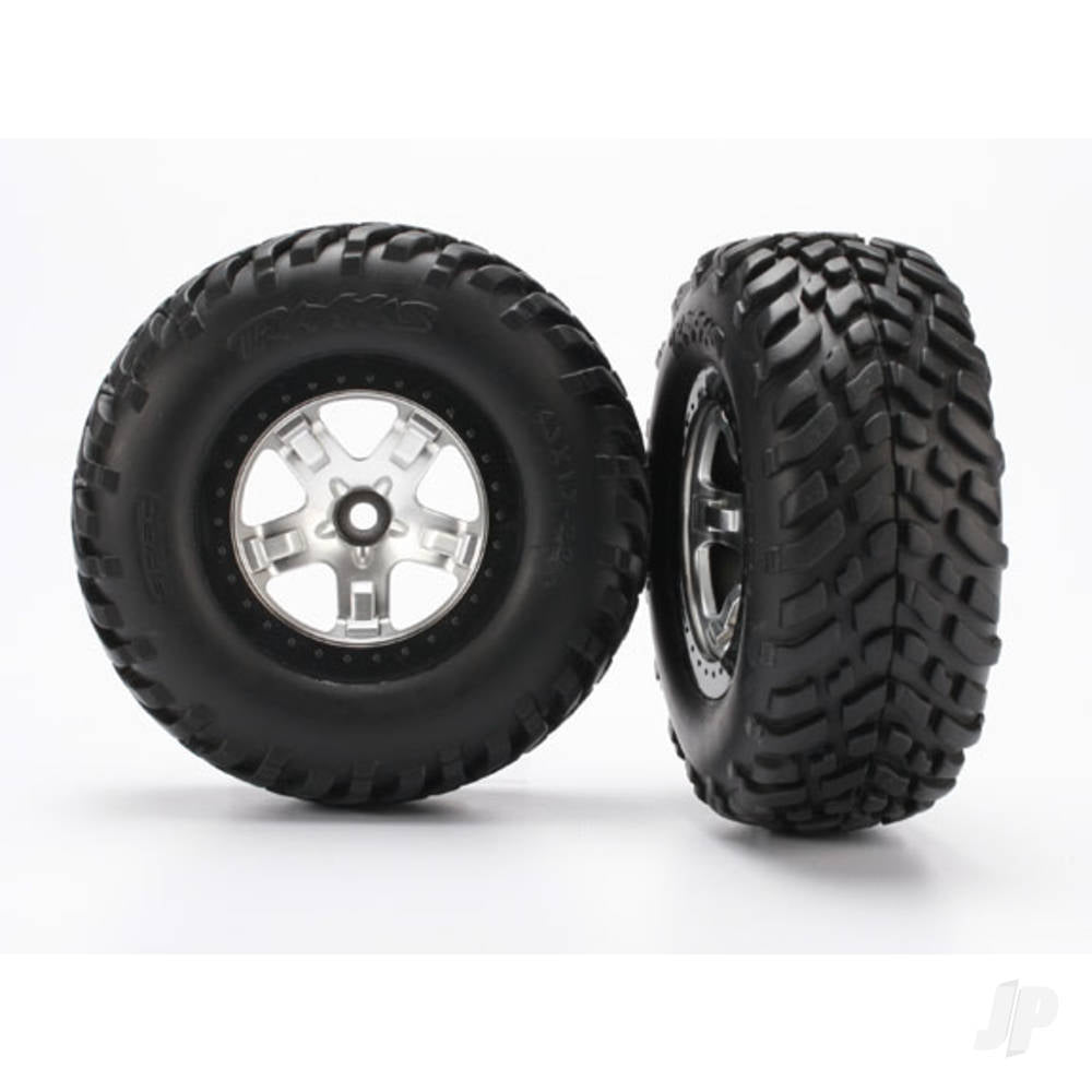 Traxxas Tyres & wheels, assembled, glued (SCT satin chrome, black beadlock style wheels, SCT off-road racing Tyres, foam inserts) (2) (2WD front) 5875X