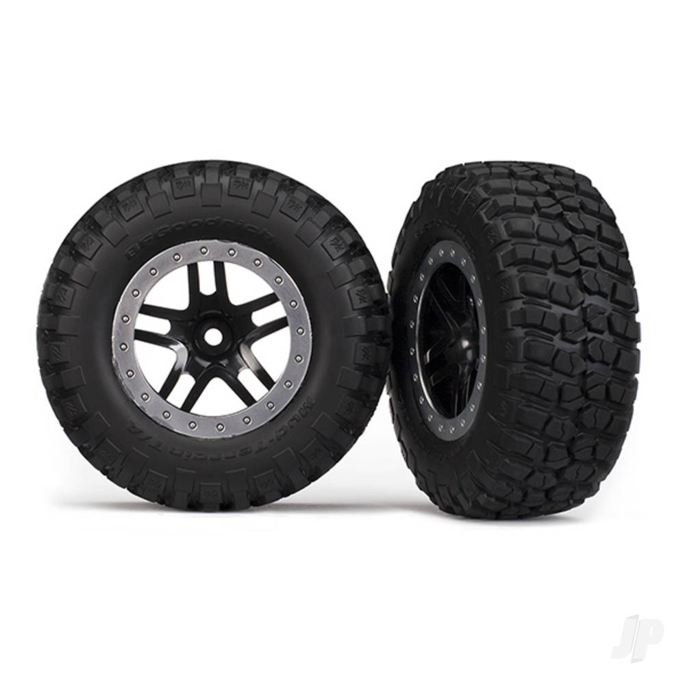 Traxxas Tyres & wheels, assembled, glued (SCT Split-Spoke, black, satin chrome beadlock wheels, BFGoodrich Mud-Terrain T / A KM2 Tyres, foam inserts) (2) (2WD Front) 5885