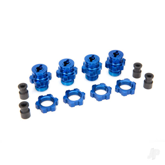 Traxxas Wheel Hubs, splined, 17mm, Short (4 pcs) / wheel nuts, splined, 17mm (4 pcs) (Blue-anodised) / Hub retainer M4 X 0.7 (4 pcs) / axle pin (4 pcs) / wrench, 5mm 6856X