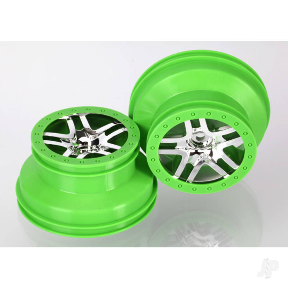 Traxxas Wheels, SCT Split-Spoke, chrome, green beadlock style, dual profile (2.2" outer, 3.0" inner) (4WD front / rear, 2WD rear) (2) 6872X
