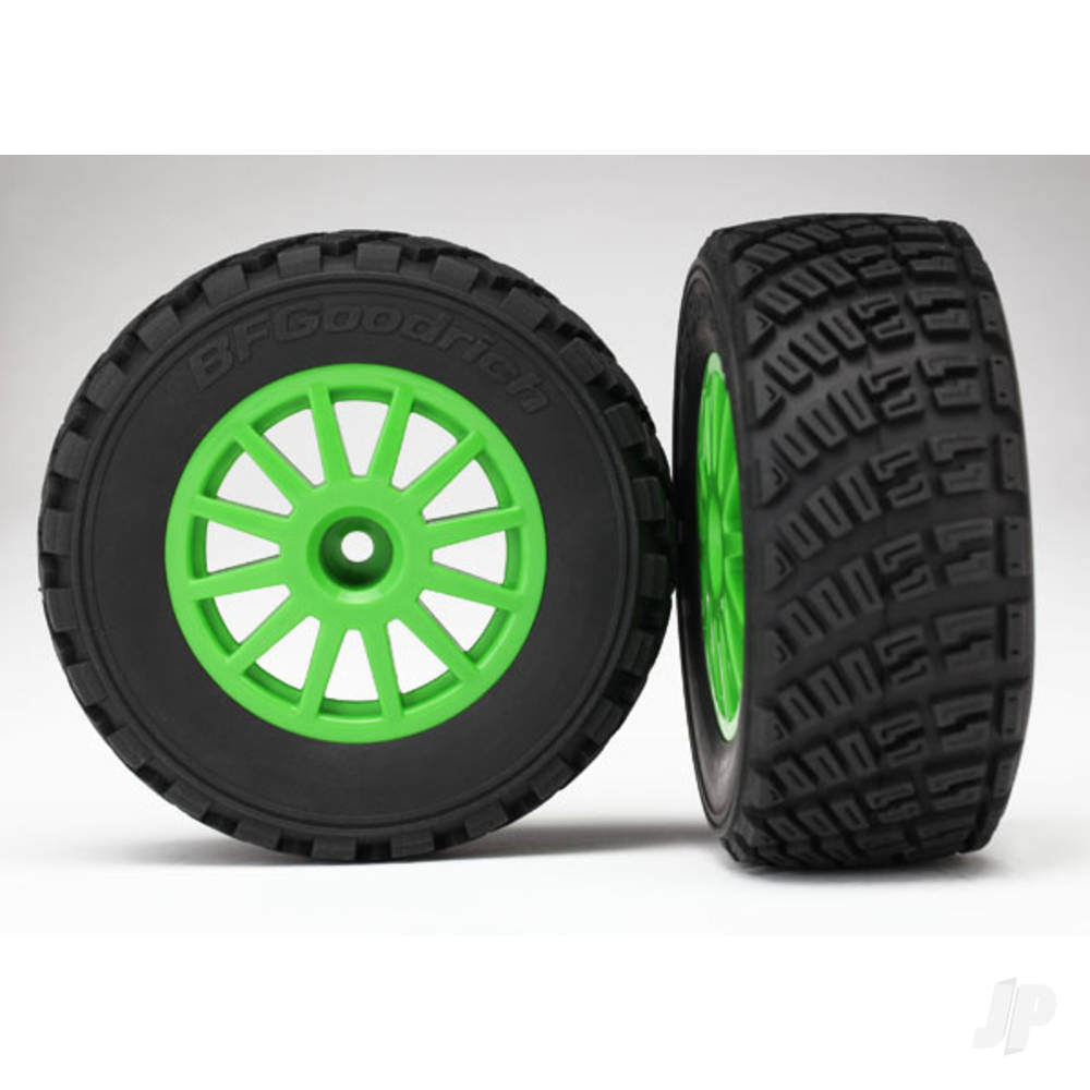 Traxxas Tyres & wheels, assembled, glued (green wheels, gravel pattern Tyres, foam inserts) (2) (TSM rated) 7473X