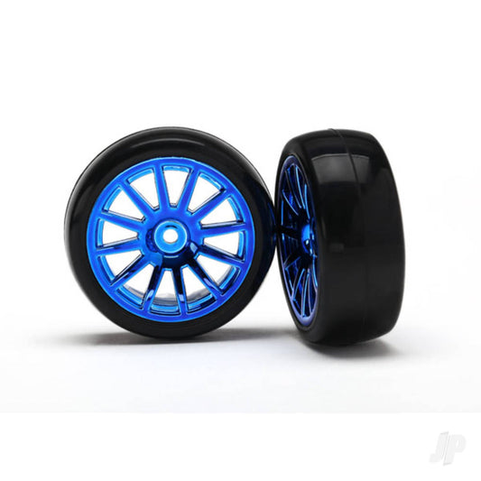 Traxxas Tyres & wheels, assembled, glued (12-spoke blue chrome wheels, slick Tyres) (2) 7573R