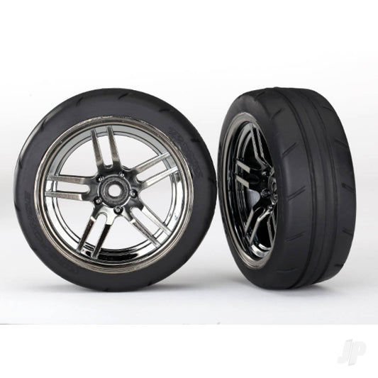 Traxxas Tyres and wheels, assembled, glued (split-spoke black chrome wheels, 1.9" Response Tyres) (front) (2) 8373