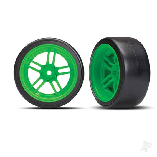 Traxxas Tyres and wheels, assembled, glued (split-spoke green wheels, 1.9" Drift Tyres) (rear) 8377G
