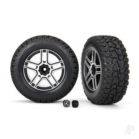 Traxxas Tyres and wheels, assembled, glued (2.6" black, satin chrome-plated Mercedes-Benz G 500 4x4 wheels, 4.6x2.6" Tyres) (2) / center caps (2) (requires #8255A extended stub axle) 8872