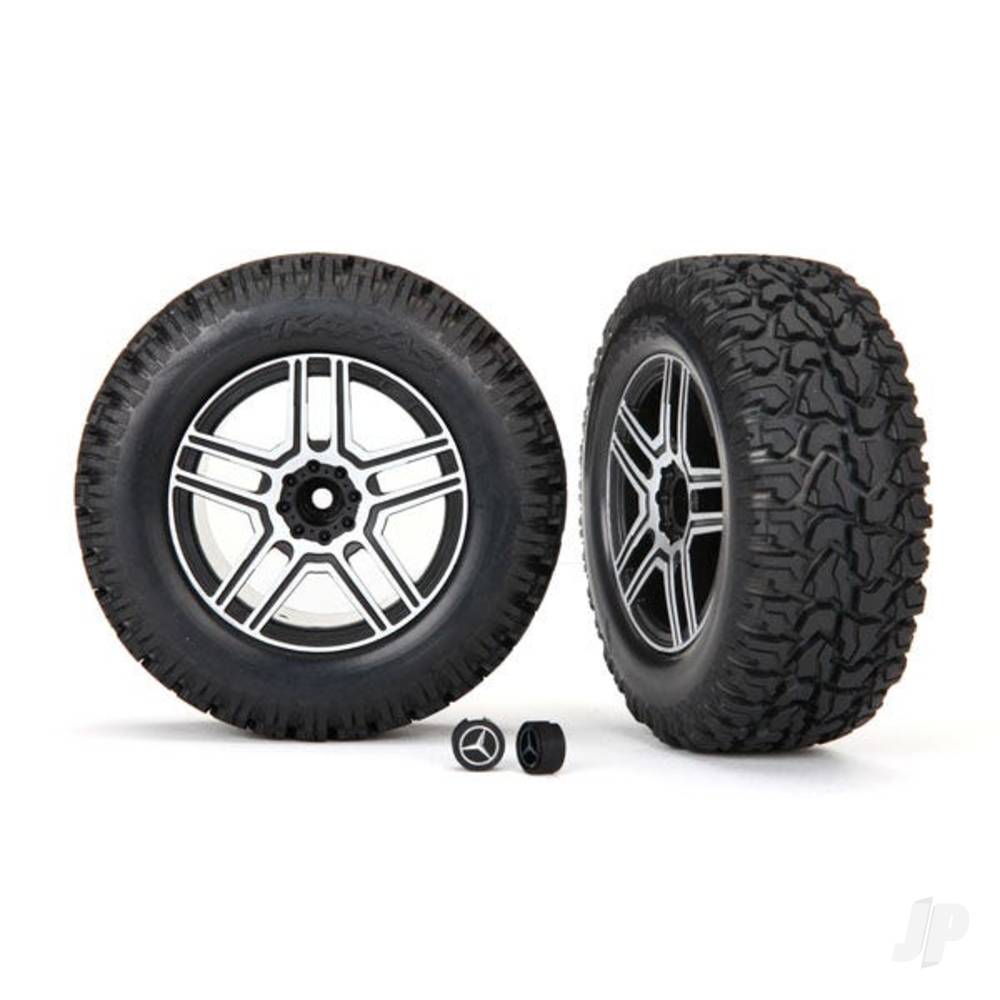 Traxxas Tyres and wheels, assembled, glued (2.6" black, satin chrome-plated Mercedes-Benz G 500 4x4 wheels, 4.6x2.6" Tyres) (2) / center caps (2) (requires #8255A extended stub axle) 8872