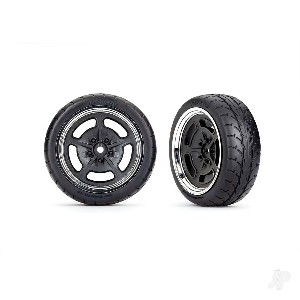 Traxxas Tyres and wheels, assembled, glued (black with chrome wheels, 1.9" Response Tyres) (front) (2) 9372