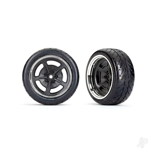 Traxxas Tyres and wheels, assembled, glued (black with chrome wheels, 1.9" Response Tyres) (extra wide, rear) (2) 9373