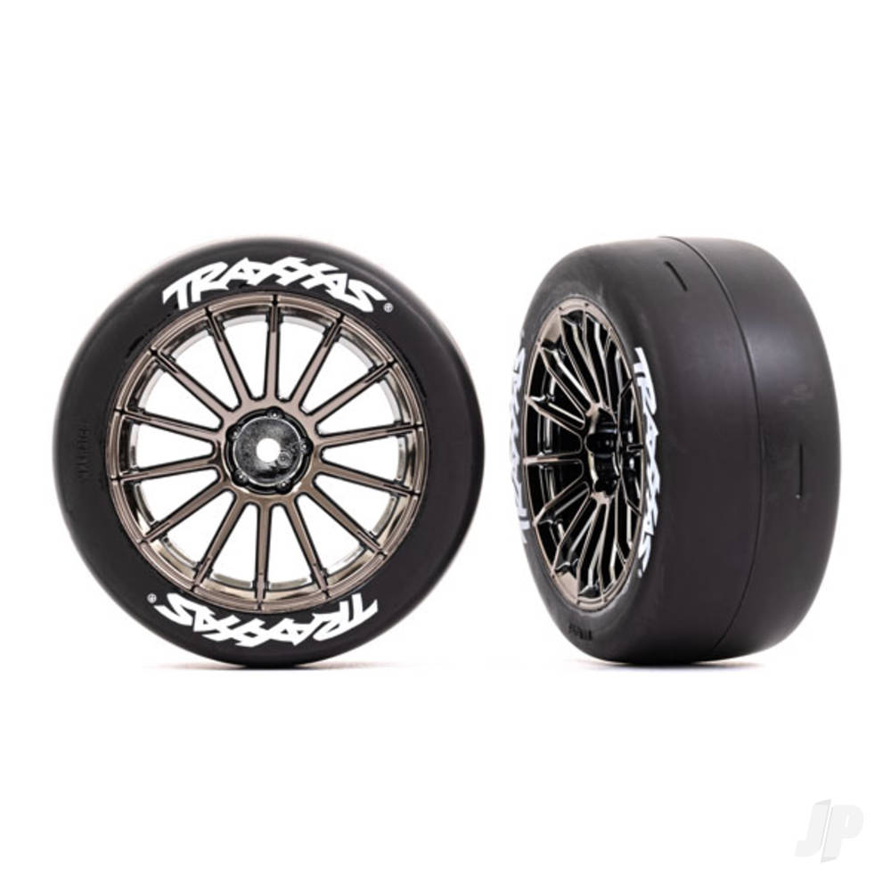 Traxxas Tyres and wheels, assembled, glued (multi-spoke black chrome wheels, 2.0" slick Tyres with Traxxas logo, foam inserts) (front) (2) (VXL rated) 9374R