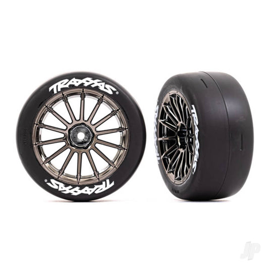 Traxxas Tyres and wheels, assembled, glued (multi-spoke black chrome wheels, 2.0" slick Tyres with Traxxas logo, foam inserts) (front) (2) (VXL rated) 9374R