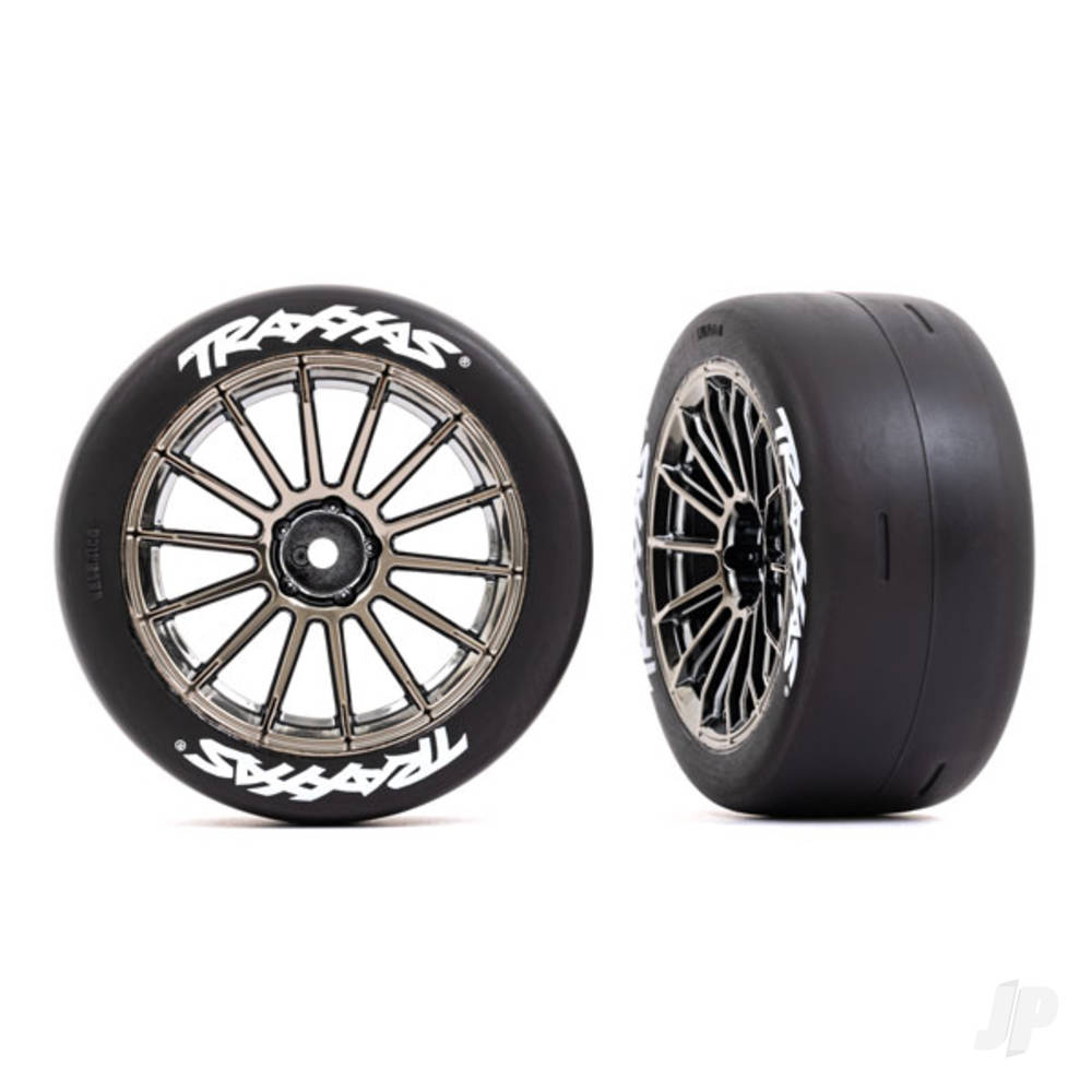 Traxxas Tyres and wheels, assembled, glued (multi-spoke black chrome wheels, 2.0" slick Tyres with Traxxas logo, foam inserts) (rear) (2) (VXL rated) 9375R