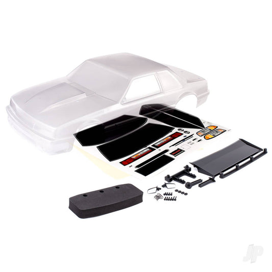 Traxxas Body, Ford Mustang, Fox Body (clear, requires painting)/ window masks/ decal sheet 9421