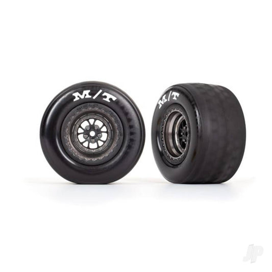 Traxxas Tyres & wheels, assembled, glued (Weld satin black chrome wheels, Tyres, foam inserts) (rear) (2) 9475A