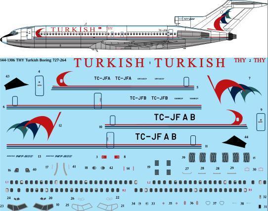 26 Decals TS144-1306 THY Turkish Boeing 727-264 Decals 1:144