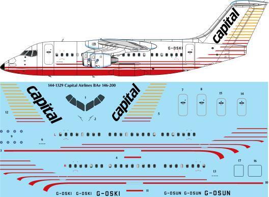 26 Decals TS144-1329 1:144 Capital Airlines BAe 146-200 laser decal -