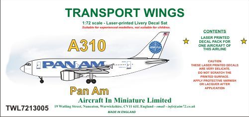 AIM - Transport Wings TWL7213005 1:72 Airbus A310 decal set Pan Am.