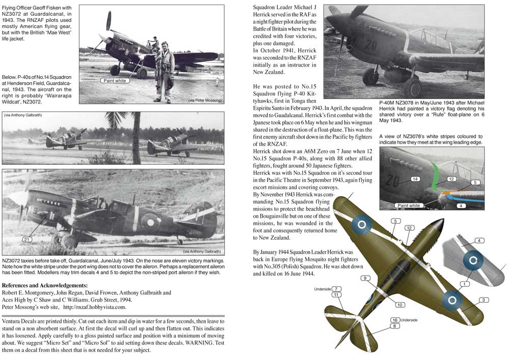 Ventura VA48108 1:48 RNZAF Curtiss P-40s P-40M-5 NZ3072 "Wairarapa Wildcat" 1943
