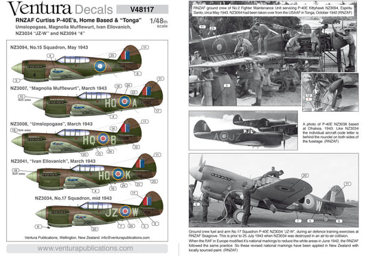 Ventura VA48117 RNZAF Curtiss P-40E Multi-Option Decals 1:48