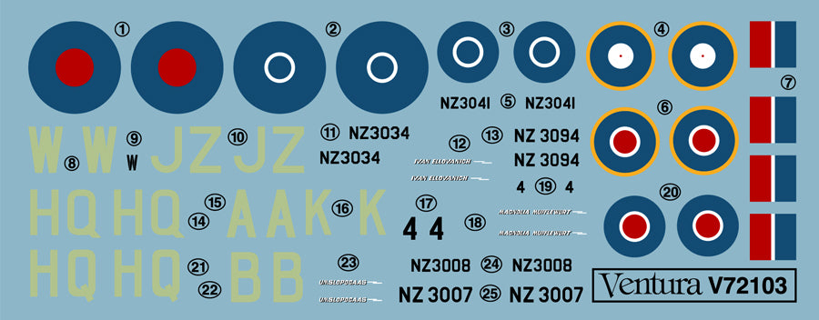 Ventura VA72103 RNZAF Curtiss P-40E Multi-Option Decals 1:72