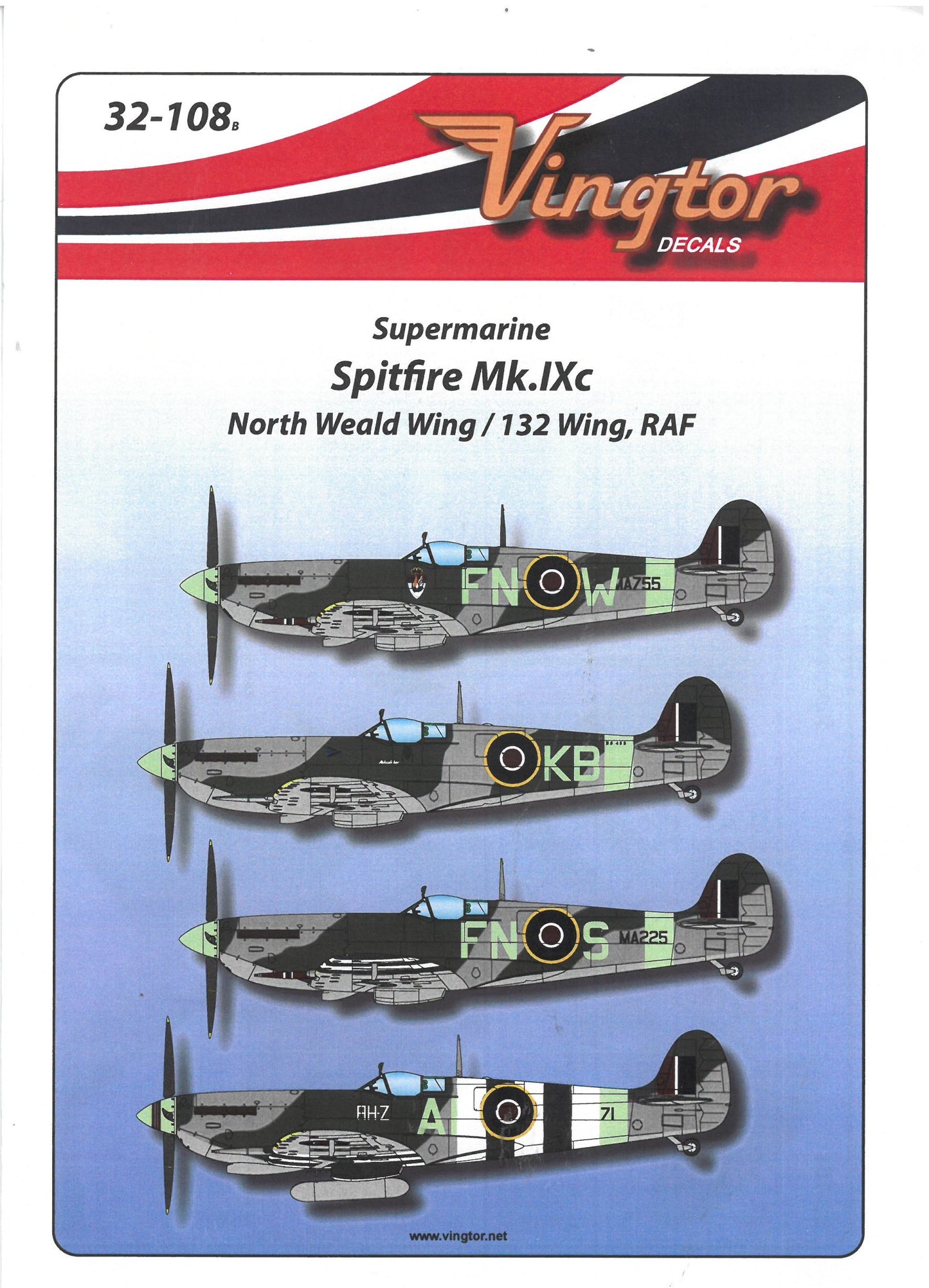 Vingtor Decals VTH32-108 1:32 Spitfire Mk.IXc North Weald 132 Wing RAF