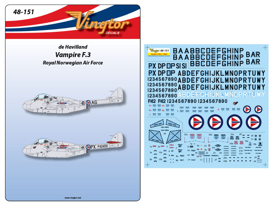 Vingtor Decals VTH48-151 1:48 de Havilland Vampire F.3