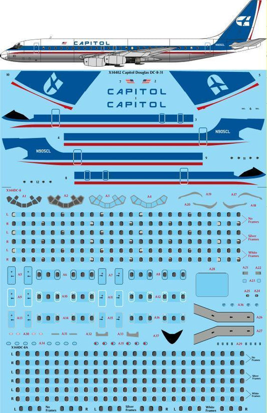 26 Decals X14402 1:144 Capitol Douglas DC-8-31 Laser decal screen print detail