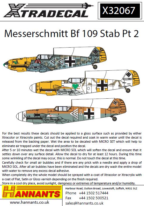 Xtradecal X32067 1:32 REPRINTED!! Messerschmitt Bf-109s with Stab markings Pt 2
