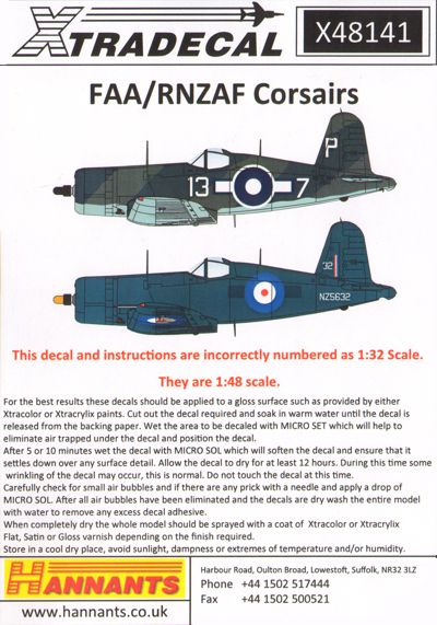 Xtradecal X48141 1:48 Vought F4U-1 Corsair II/Goodyear FG-1D
