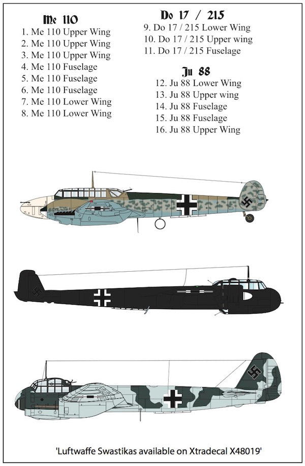 Xtradecal X48166 Luftwaffe Heavy Fighter Crosses Ju-88, Do-17, Bf-110 1:48