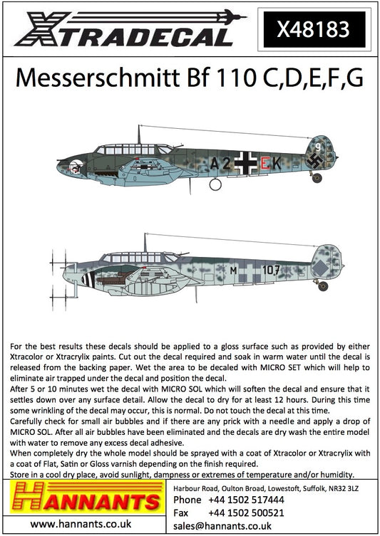 Xtradecal X48183 1:48 Messerschmitt Bf-110C/Bf-110D/Bf-110E/Bf-110F/Bf-110G