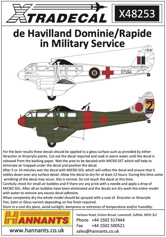 Xtradecal X48253 1:48 de Havilland DH.89 Dragon Rapide,/Dominie