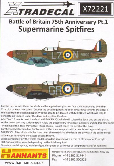 Xtradecal X72221 Supermarine Spitfire Mk.Ia Battle of Britain Pt 1 1:72