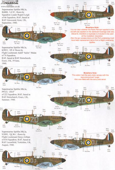 Xtradecal X72221 Supermarine Spitfire Mk.Ia Battle of Britain Pt 1 1:72