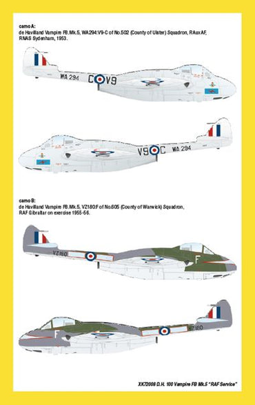 Xtrakit (SH) XK72008 1:72 de Havilland Vampire FB.5 Decals for WA294 V9-C 502