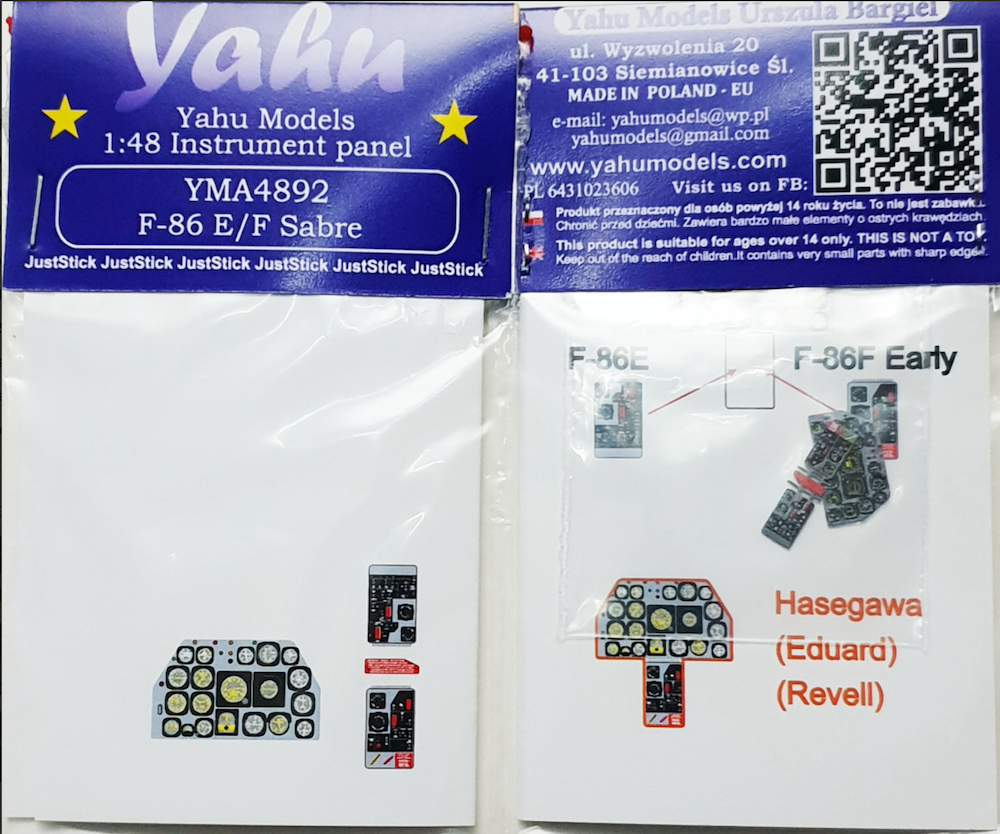 Yahu Models YMA4892 North-American F-86E/F Sabre Instrument Panel 1:48