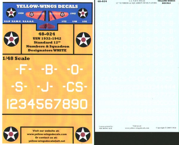 Yellow Wings YW48024 1:48 USN Squadron Designators and Standard 12' Numbers