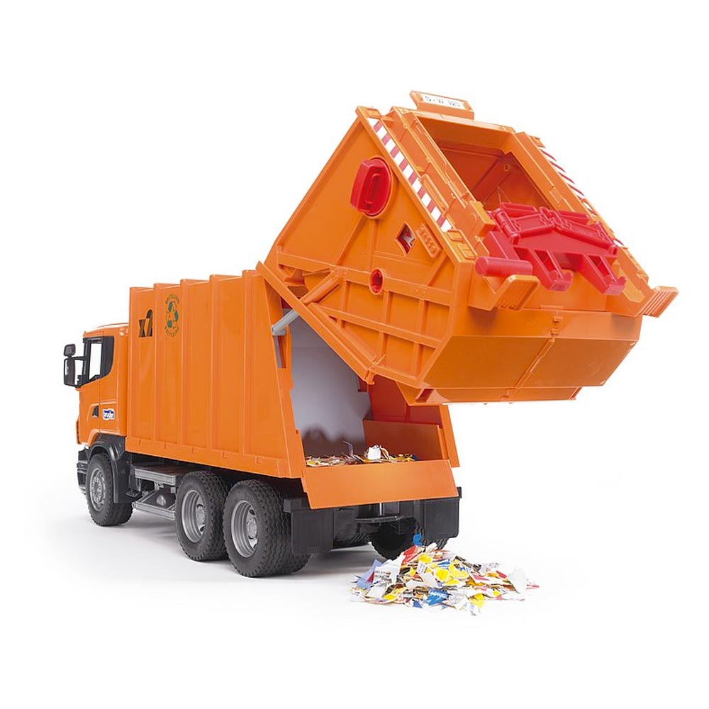Bruder 03560 Scania R-Series Garbage Truck Rubbish Bin Lorry Orange Plastic Toy