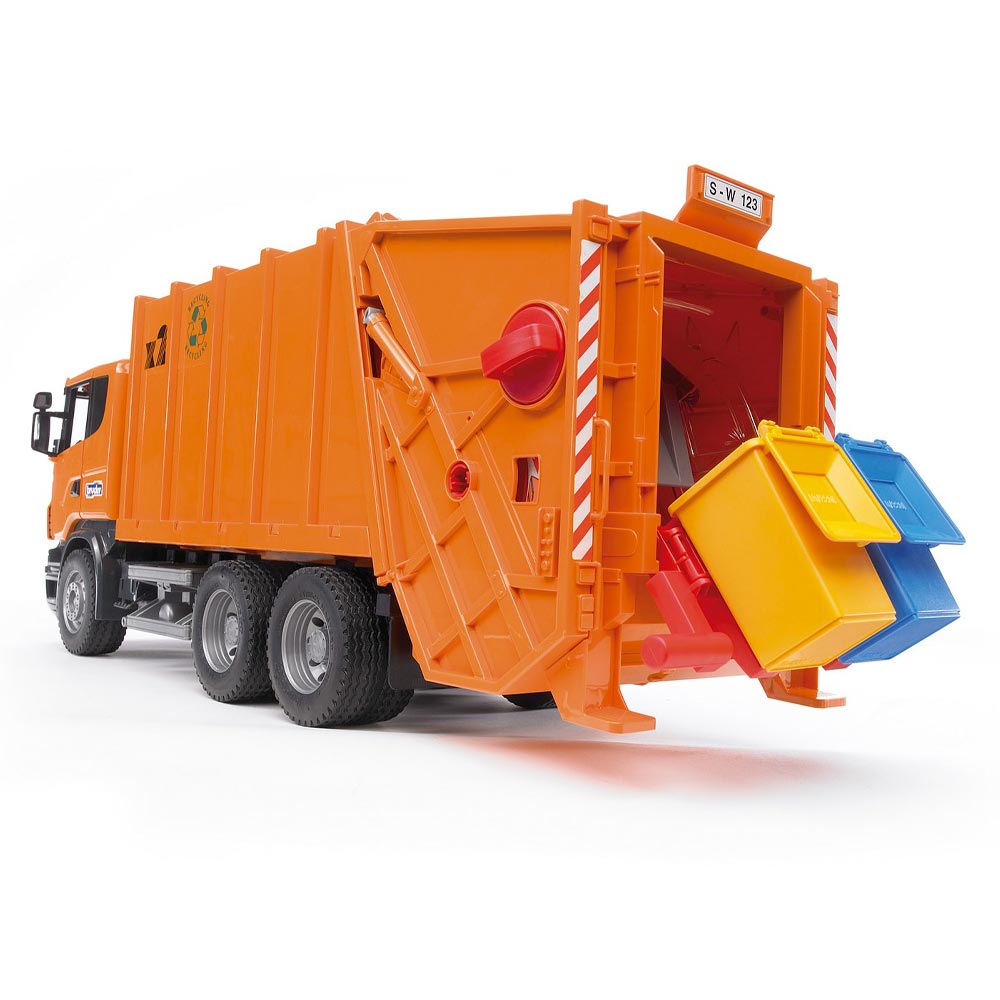 Bruder 03560 Scania R-Series Garbage Truck Rubbish Bin Lorry Orange Plastic Toy