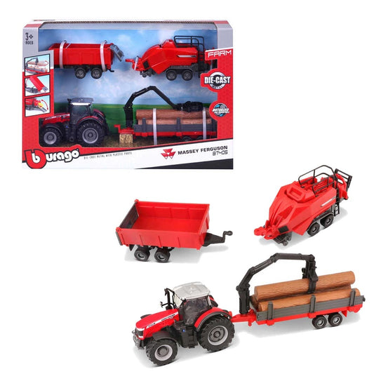 Bburago 31668 Massey Ferguson 8740S Tractor w/3 Trailers 10cm Diecast Model