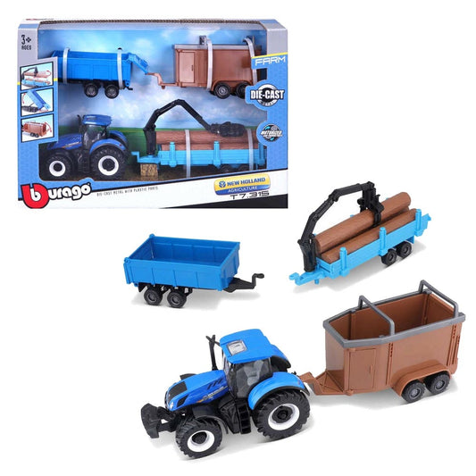 Bburago 31668NH New Holland T7.315 Tractor w/3 Trailers 10cm Diecast Model