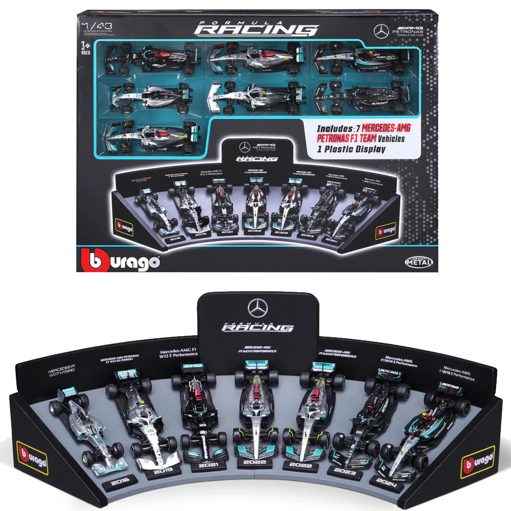 Bburago F1 Mercedes AMG 7 Car Deluxe Gift Set with Display Stand 1:43