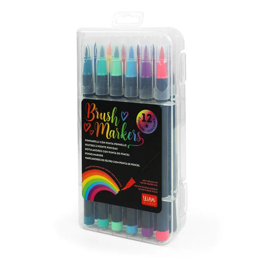 Legami Brush Markers - Bright Colours - Set of 12 Pens in Case