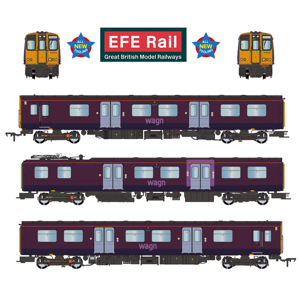EFE Rail E81007 Class 313 3-Car EMU 313024 WAGN Purple OO Gauge